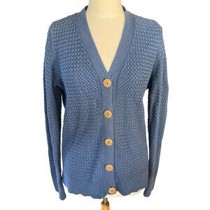 LLBean Basketweave Knit Button Cardigan Blue Cottagecore Chunky Old Money-L